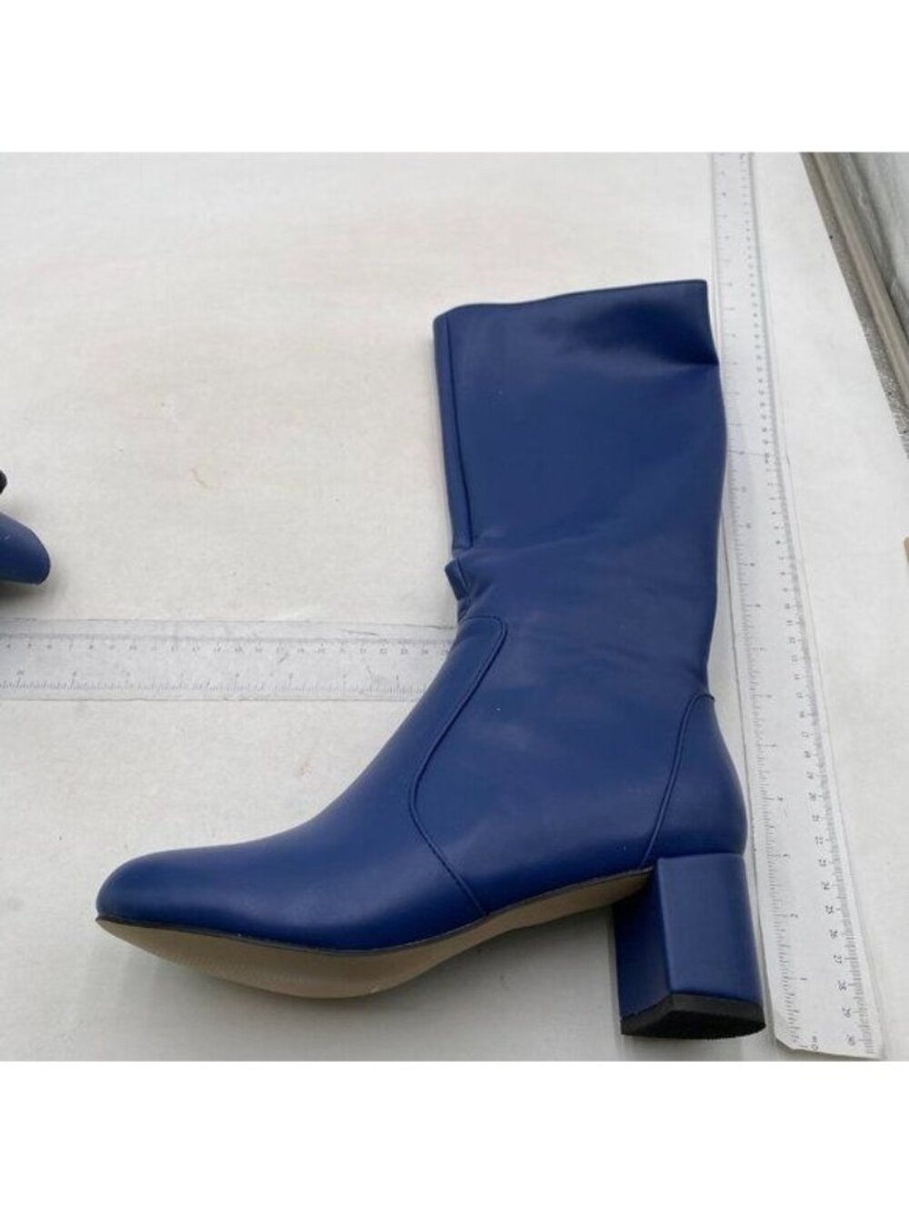 Women Wide Calf Knee High Boot Closed Round Toe Chunky Heel Side Zipper Red Blue